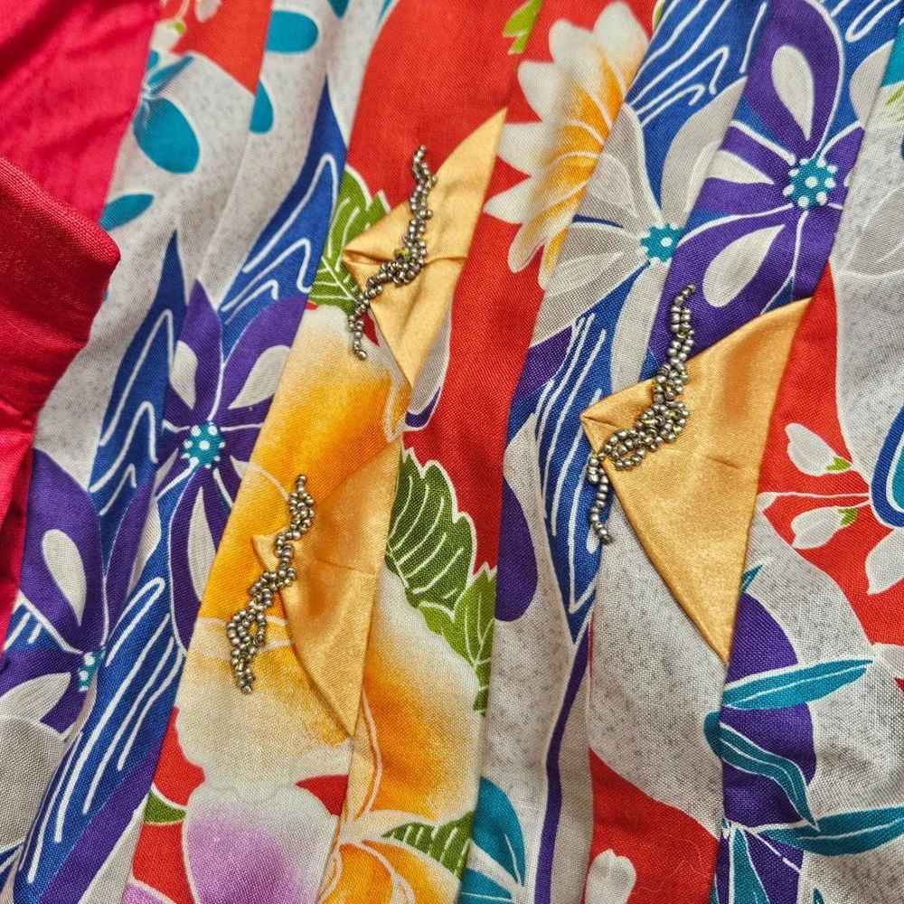 Leilani Bennett Kimono Jacket Set OS Red Silk Floral Patchwork Art Wear Artisan